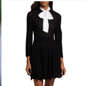 Alice + Olivia Gin  Black Pointelle Long Sleeve Dress with White Accents
